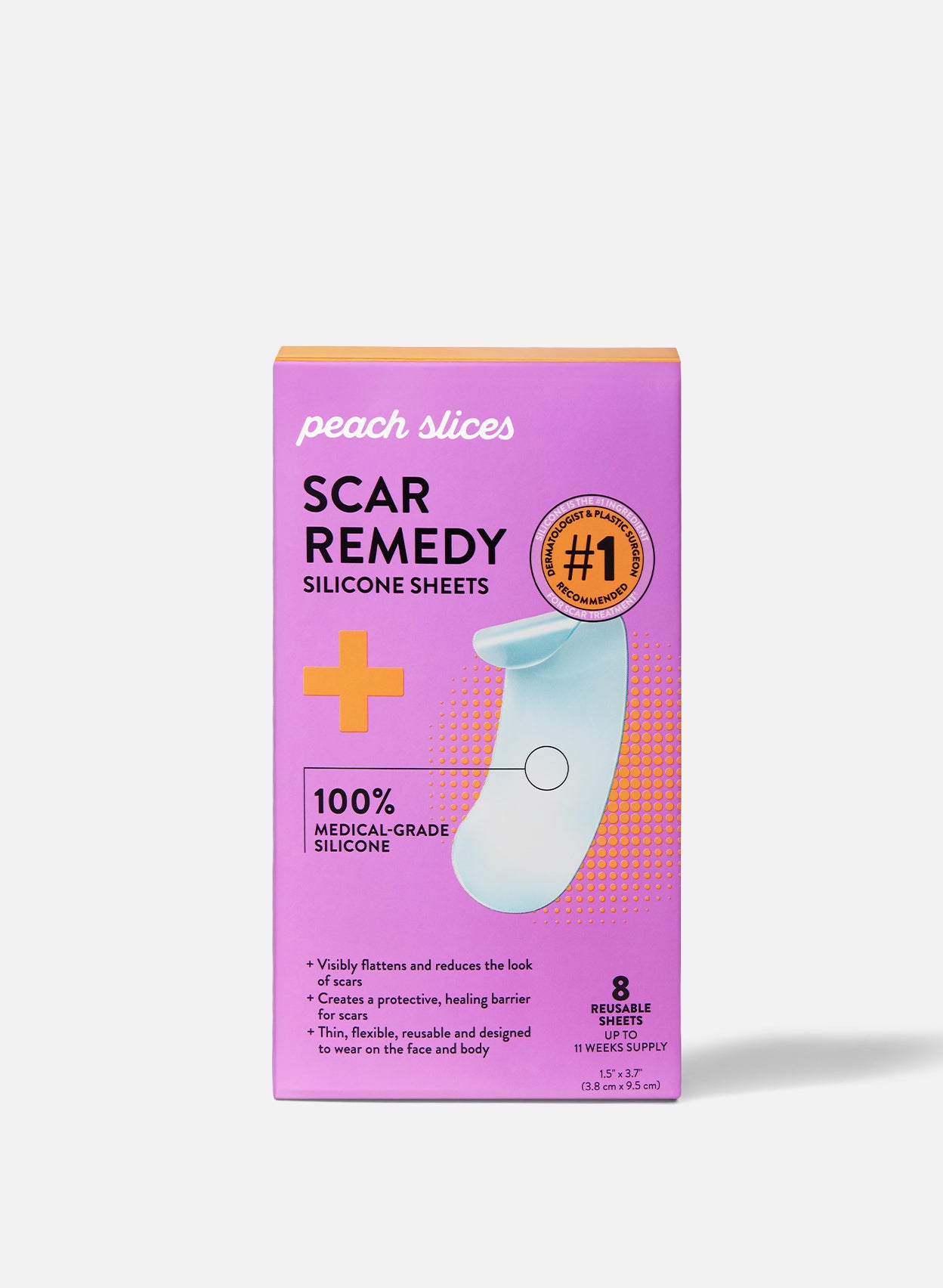 Peach Slices Scar Remedy Silicone Sheets  are designed to visibly soften, smooth, and flatten the look of raised scars.